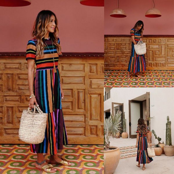

summer holiday dress women stripe boho short sleeve long maxi dress new ladies casual beach sundress, Black;gray