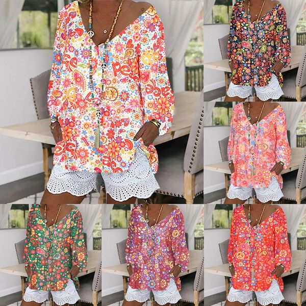 

women's v-neck printed skirt plus size women's top, White