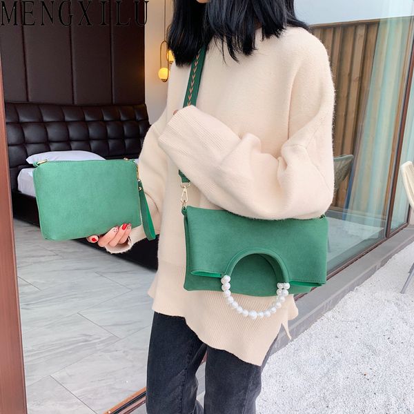 

mengxilu fashion pearl handle bags nubuck leather female handbags scrub pu crossbody shoulder women composite bag 2pcs/set