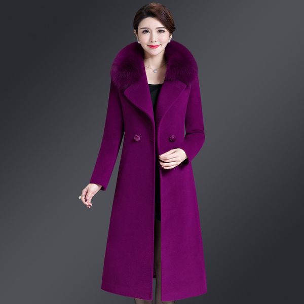 

fashion slim turn-down collar fur collar women cashmer coat double breasted women's woolen jacket solid coat and jacket, Black