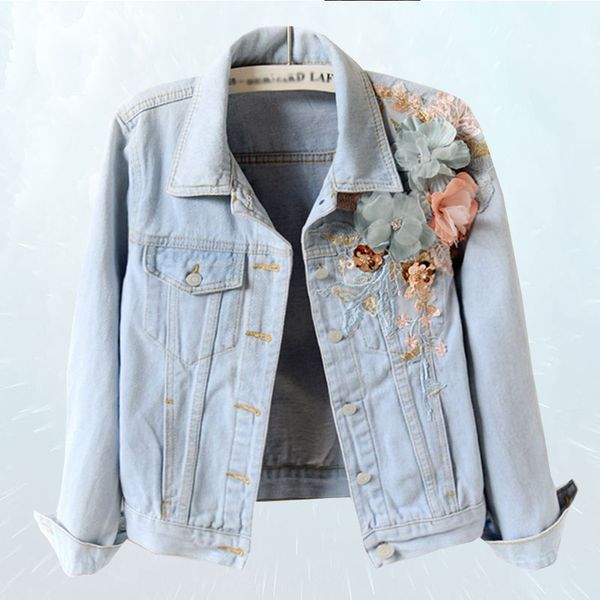 

spring autumn jacket women 2019 fashion three-dimensional fower denim jacket slim sequin embroidery jean female sl055, Black;brown