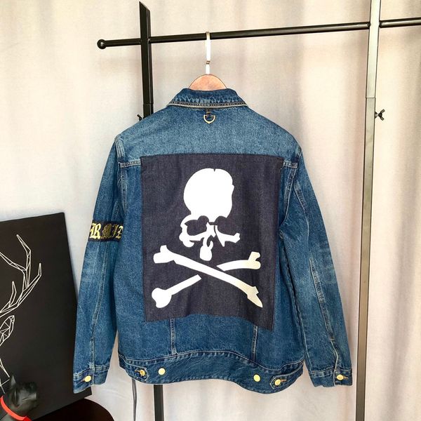 

version sleeve label mastermind japan denim jackets coat men women hiphop mmj skulls patchwork men denim jean jackets, Black;brown