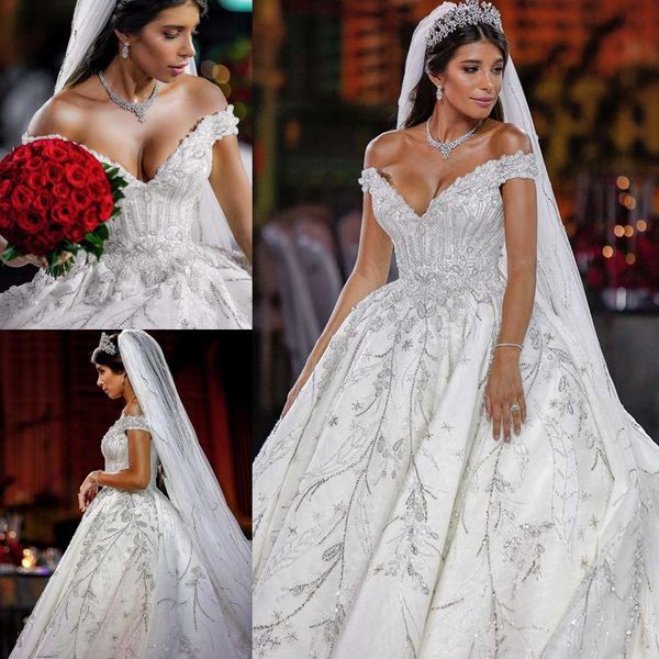 

luxury off shoulder wedding dresses full beading crystals sequins sweep train queen bridal gowns plus size custom made robe de mariÃ©e, White
