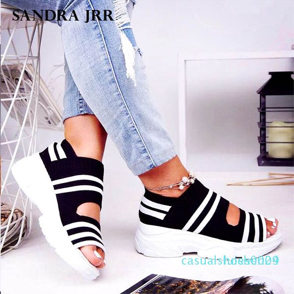 

sandra jrr women sandals summer wedges heel knit fabric shoes peep toe slip on stretchy shoes summer sneakers plus size female cc9 l24, Black