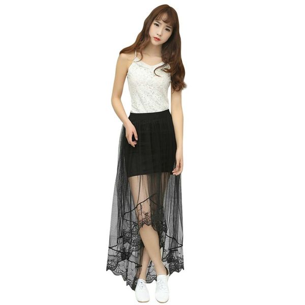 

2016 summer new lace ht black short section skirt tulle skirts women white romantic long jupe transparent