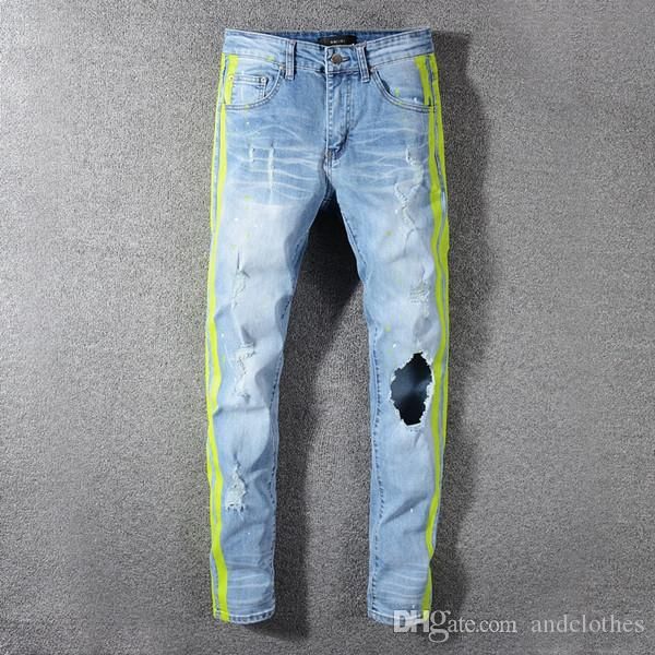 

2020 дизайнер последние роскошные джинсы для мужчин рваные отверстия джинсы мотоциклетные брюки мужчины бренд модельер хип-хоп мужские джинс, Blue