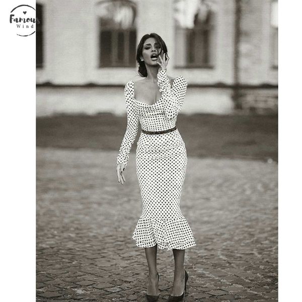 

elegant white knotted strap polka dot mermaid hem summer pencil midi dress women slim bodycon office lady ruffle dresses, Black;gray