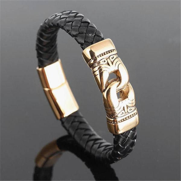 

charm leather bracelet for men stainless steel 19/21/23cm size genuine leather bracelets & bangles men jewelry gold, Black