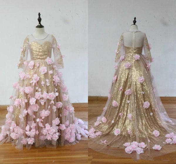

gold sequins pink flowers girls pageant dresses sheer neck long sleeves ball gown girls performance birthday party dresses, White;blue