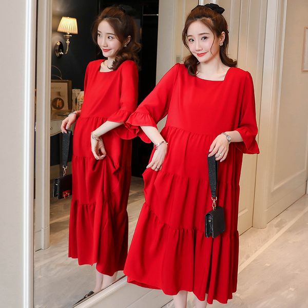 

plus size summer maternity dress short flare sleeve square collar backless pregnant women chiffon dress red party wedding, White