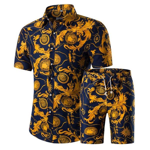 

wholesale two piece shorts men sets shirts+shorts summer new fashion short sleeve slim shirt ten printing designs mens clothing -5xl, White;black