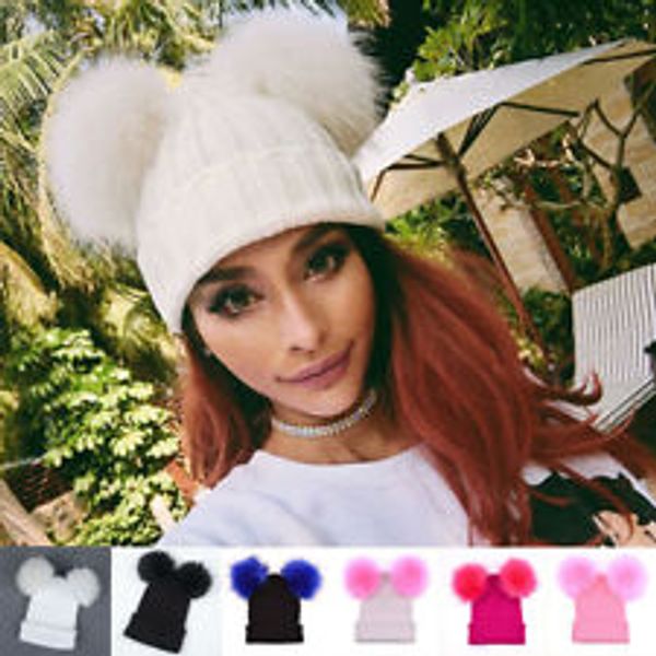 

winter 6 colors knitted beanies hat women faux fur double pom caps teenager warm baggy hats lady wool knitting crochet cap, Blue;gray