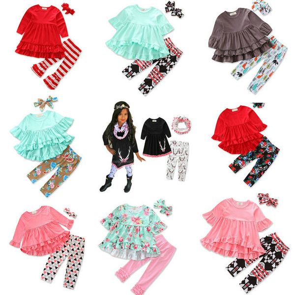 

retail 9 styles baby girls christmas outfits 3pcs set(irregular red tshirt+flare pant+bow headband) kids designer tracksuits girls suit set, White