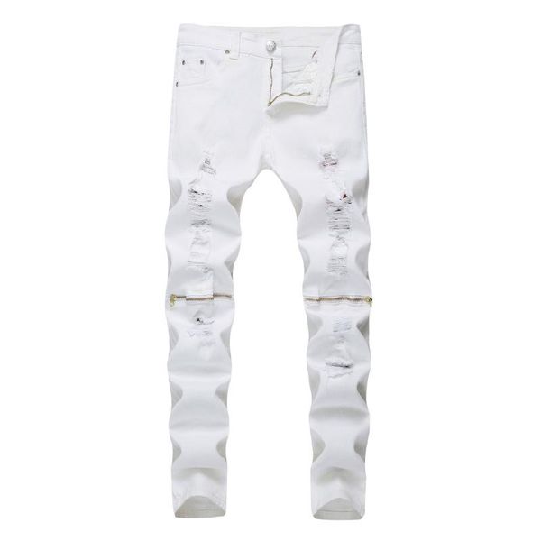 

new style men's jeans selling slim fit pants with holes zipper stretch trousers fashion, Blue