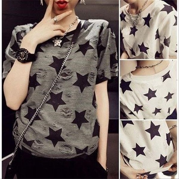 

slim and large size women's fat mm summer wear hole five-pointed star short-sleeved t-shirt 200 jin fat sister, White