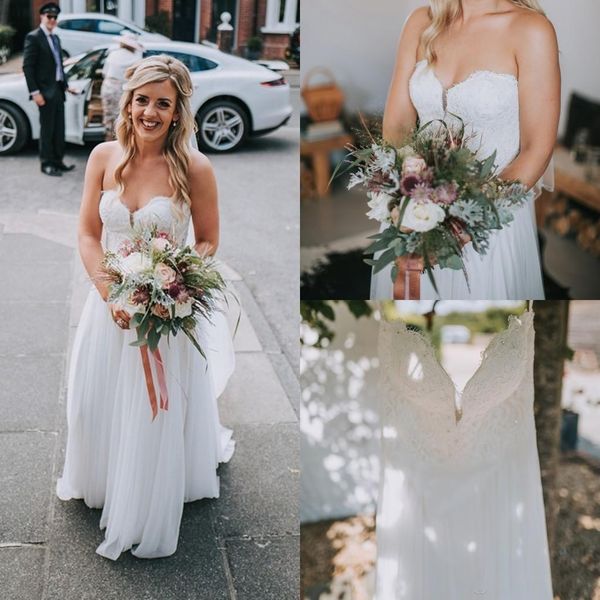 

elegant style simple design casucl beach wedding dresses 2019 sweetheart lace chiffon floor length bridal gowns custom size, White