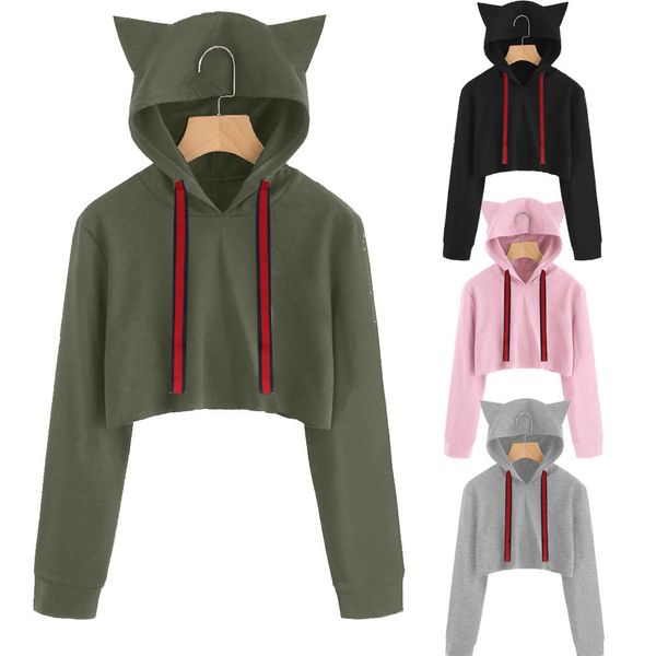 

women 2019 cat ear hoodie long sleeve solid gothic hoodie black pink plus size friends sweatshirt femme capuche cg