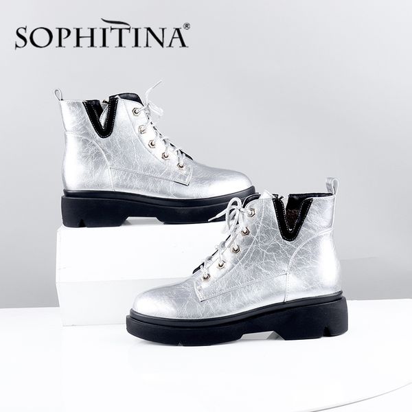 

sophitina quality ankle boots fashion silver round toe zipper shoes woman handmade low square heels casual spring boots cq04, Black