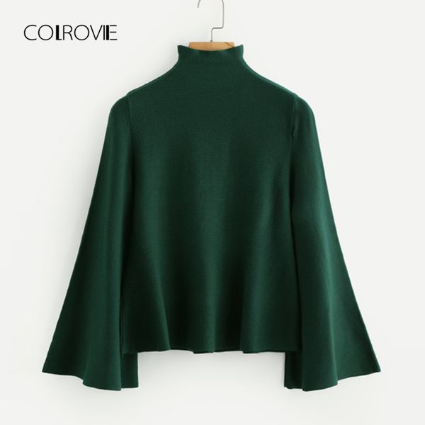 

colrovie black casual high neck flounce camel women sweater 2018 autumn green solid stretchy sweater classic pullovers jumper, White;black