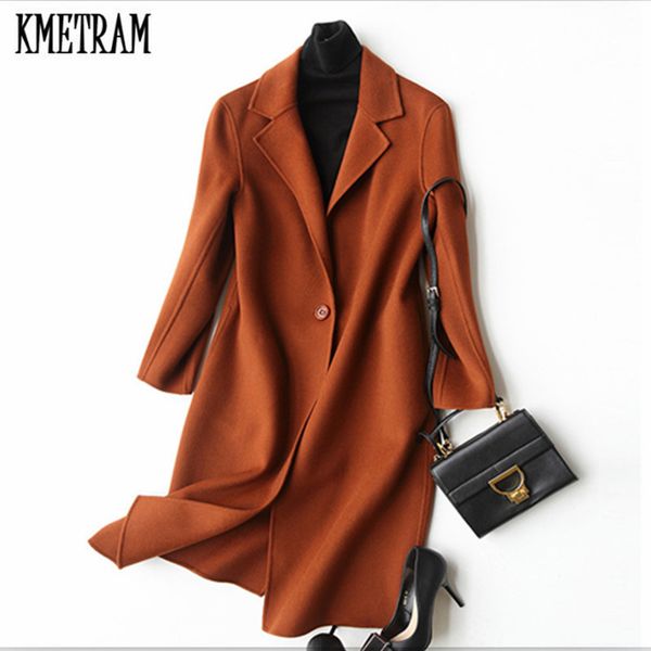 

kmetram autumn and winter fashion women 100% wool double side cashmere coat wool overcoat v-collar slim style coat hh241, Black