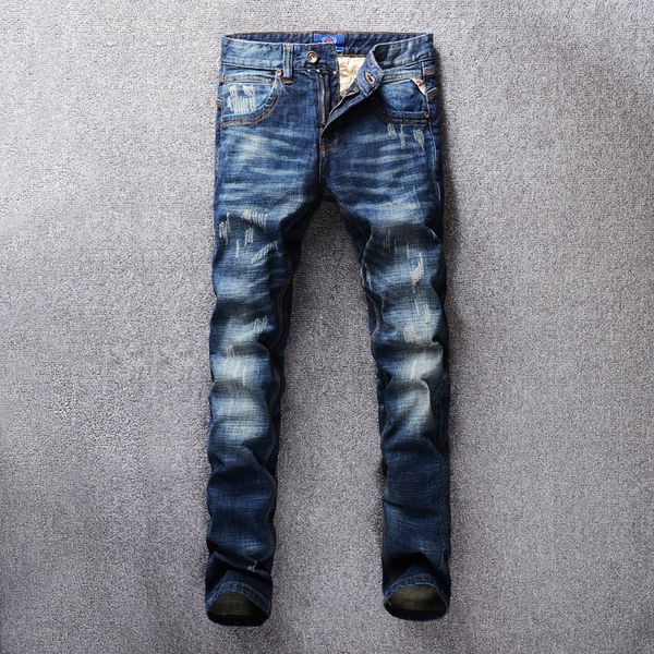 

italian vintage style fashion men jeans dark blue color slim fit ripped jeans men classical denim pants streetwear hip hop