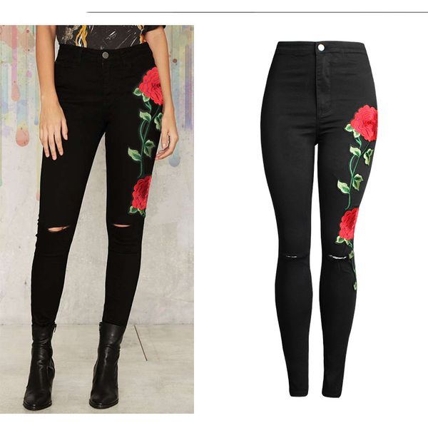 

women's jeans 2021 rose embroidery ripped for plus size 3xl skinny women black vintage denim pants femme, Blue
