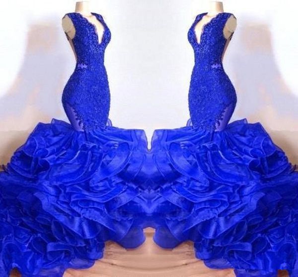 

2019 новый красивый слой оборками из органзы royal blue русалка пром платья v шеи sheer backless длинные платья вечерние платья мантиях де в, Black;red