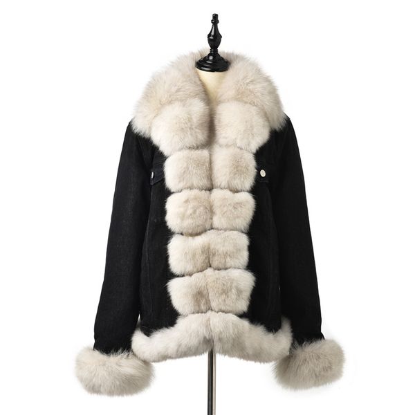 

fursarcar 2019 new fashion real fur parka women jean jacket winter coat with blue fur collar and cuff casual warm parka, Black