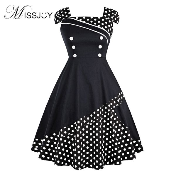

missjoy plus size dresses for women 4xl off the shoulde polka dot button patchwork vintage retro 50s 60s skater swing dress, Black;gray