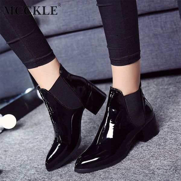 

mcckle patent leather boots warm winter women elastic band ankle boot fashion female high square heel pointed toe botas, Black