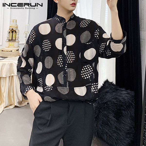 

incerun men shirt polka dot stylish long sleeve collar streetwear chic retro brand casual mens blouse camisa masculina 2019, White;black