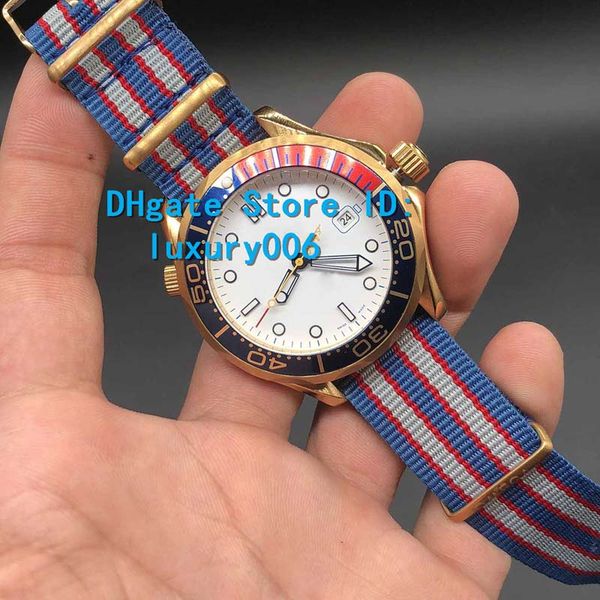 

commander james bond 007 gold case white dial limited edition watch mens sprots nylon strap 2813 automatic men's watches original box, Slivery;brown