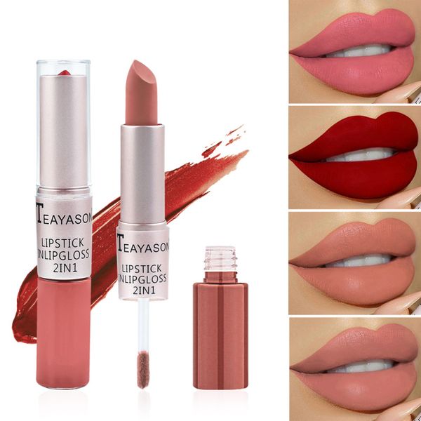 Nuova doppia testa 2-in-1 Durata di fagiolo opaco in pasta di colore opaco Labbra lucido Liquid Liquid Lipstick Lip Tint Trucco Labbra Liner J1010