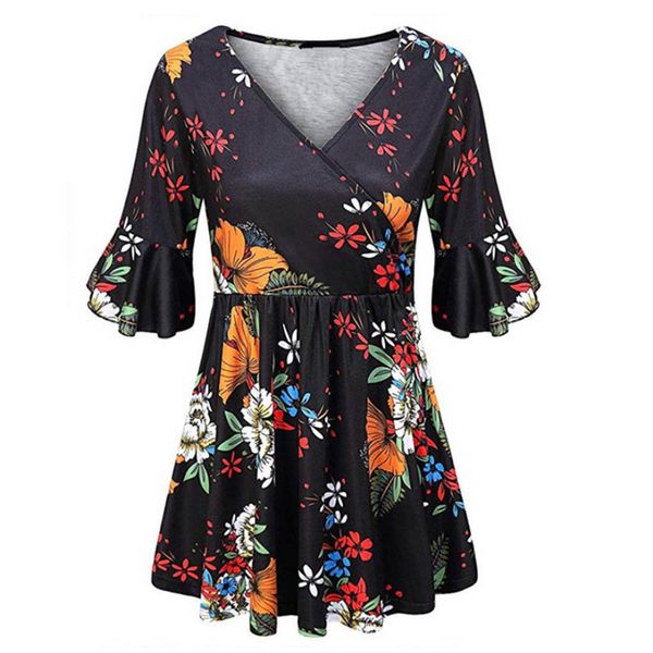 

футболка платье женщины печати 3 цвета v-образным вырезом белл шорты ladiies рукав свободные сексуальные расслабиться половина flare рубашка, Black;gray