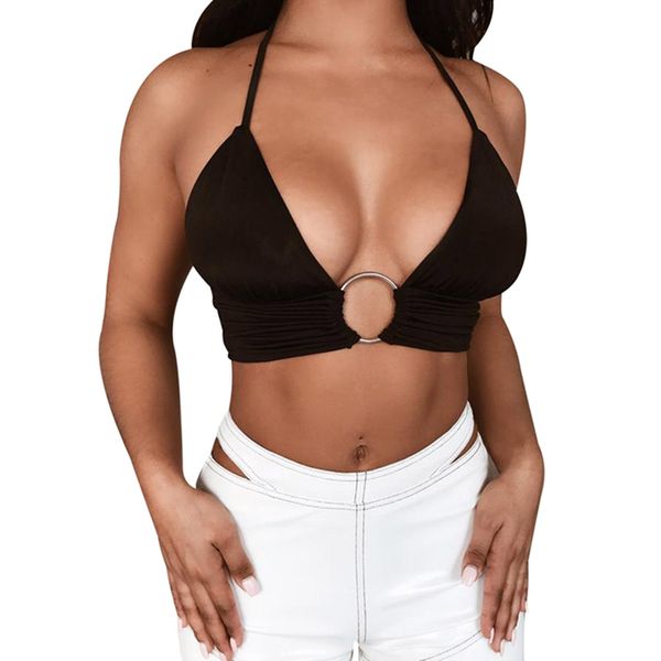 

2019 bralette tank crop metal ring summer halter backless palm bra women club clothes beach wear, White