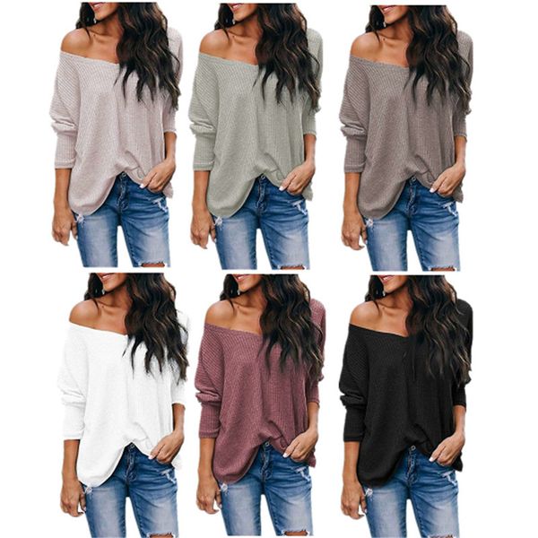 

womens designer t shirt fall v-neck shoulder pullover loose long sleeve t-shirt, White