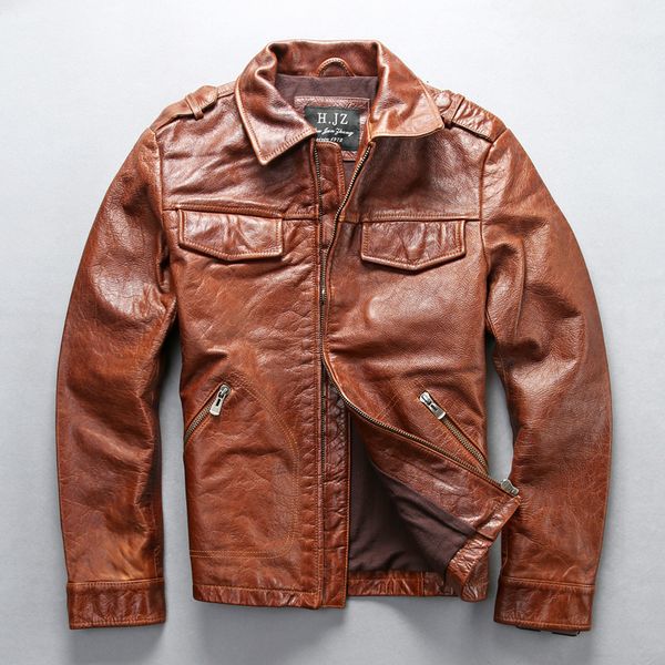 

mens fashion genuine leather jacket oil wax cowhide lapel casual brown leather jacket male autumn and winter coat, Black