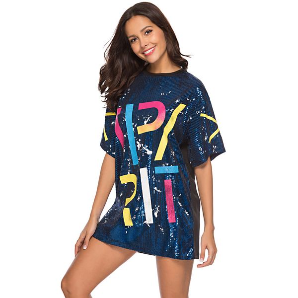 

2019 женщины sequined платье chic лето графический spirit printed супер блестящая половина рукава o-образным вырезом прямой майка платье ins, Black;gray