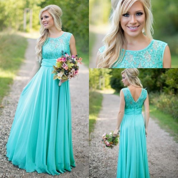 Teal Country Turquoise Brautjungfer Eine Linie Chiffon Spitze gegen Rückenfreie lange billige Brautjungfern Kleider für Hochzeitsgastkleider