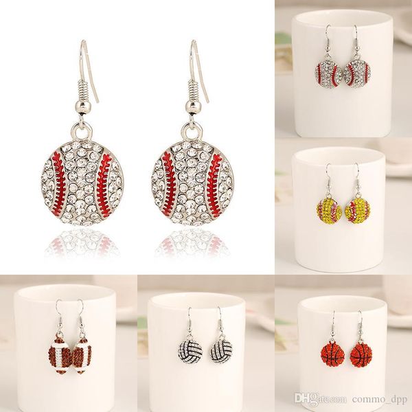 

women sports drop earrings crystal ball softball baseball basketball volleyball rugby football soccer dangle earrings for female jewelry, Silver