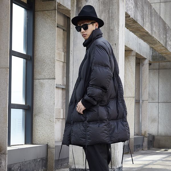 

male loose stand collar parka coat japan streetwear hip hop gothic puffer coat overcoat men winter 80% duck down jacket, Black