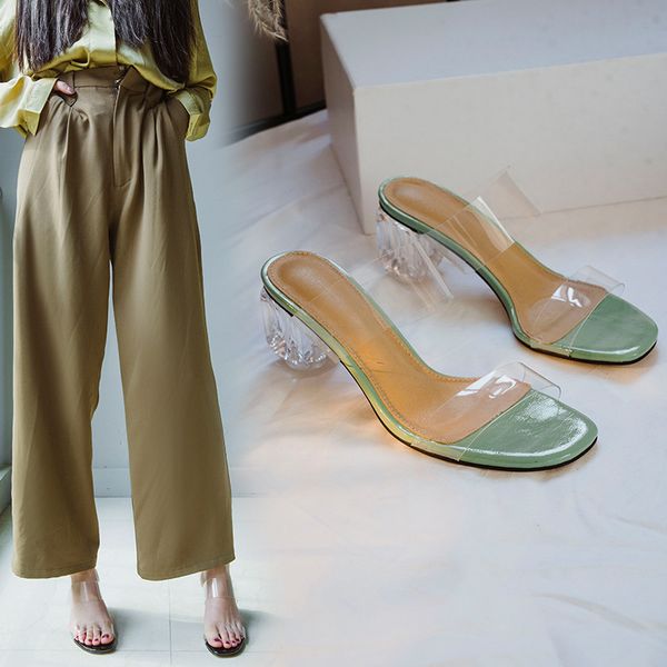 

2020 clear heels women slipper summer outdoor sandal square high heel slip on flip flop elegant transparent women slides sandal, Black