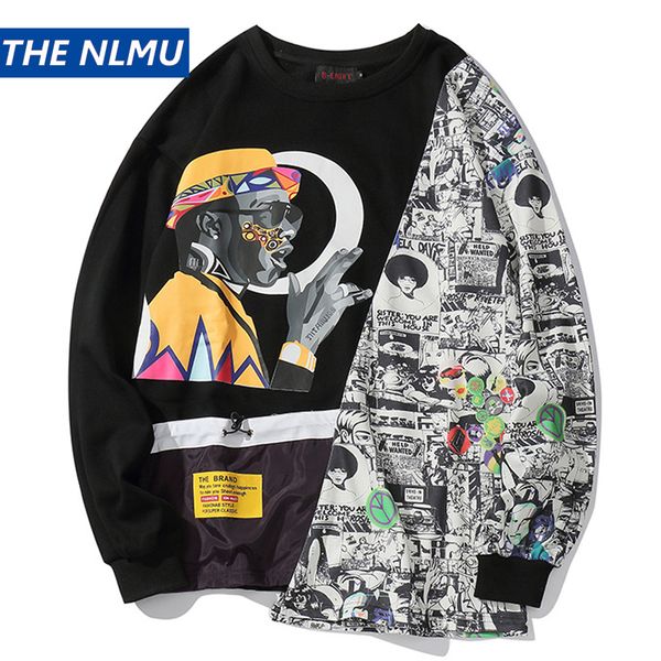 

2019 autumn men's patchwork sweatshirt streetwear hoodies round neck fashion color block loose pullover male green hz212, Black