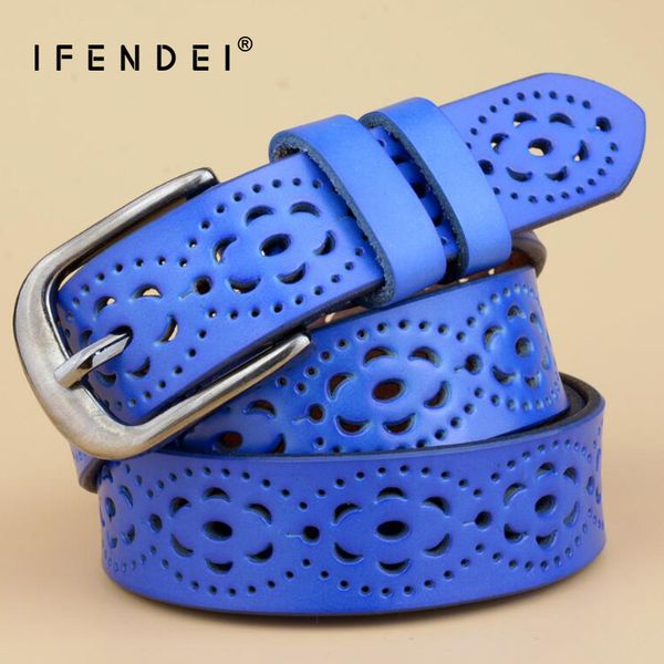 

ifendei white leather waist belt for women pin buckle wild belt lady's jean hollow flower blue strap cinto feminino, Black;brown