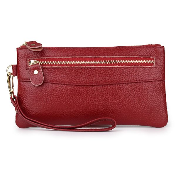 

guaranteed 100% cow leather women clutch wallet new fashion zipper purse with hand rope mini mobile phone bag female wallets, Red;black
