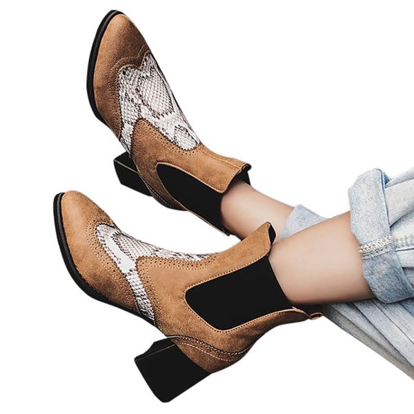 

new booties for women autumn winter women boots stitching color chunky heels boots high-heeled shoes zapatos de mujer, Black
