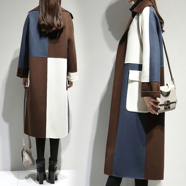

casual patchwork long coat for women loose pockets wool coat and jacket open stitch turn-down collar women clothes 2018, Black