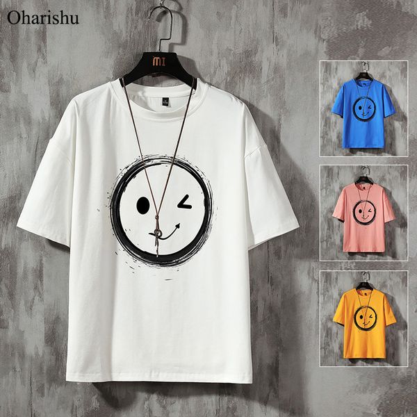 

funny smile printed t shirt men summer new fashion short sleeve streetwear mens t-shirt casual o neck hip hop tee 5xl, White;black