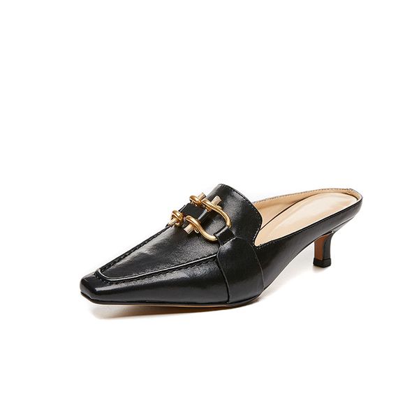 

100% cow leather med heels shoes woman slippers poined toe summer shoes woman elegant mules slipper ladies, Black