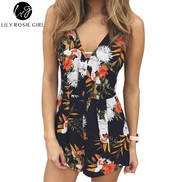 

lily rosie girl navy blue floral v neck strap women playsuit backless boho summer beach party jumpsuit short romper overall, Black;white